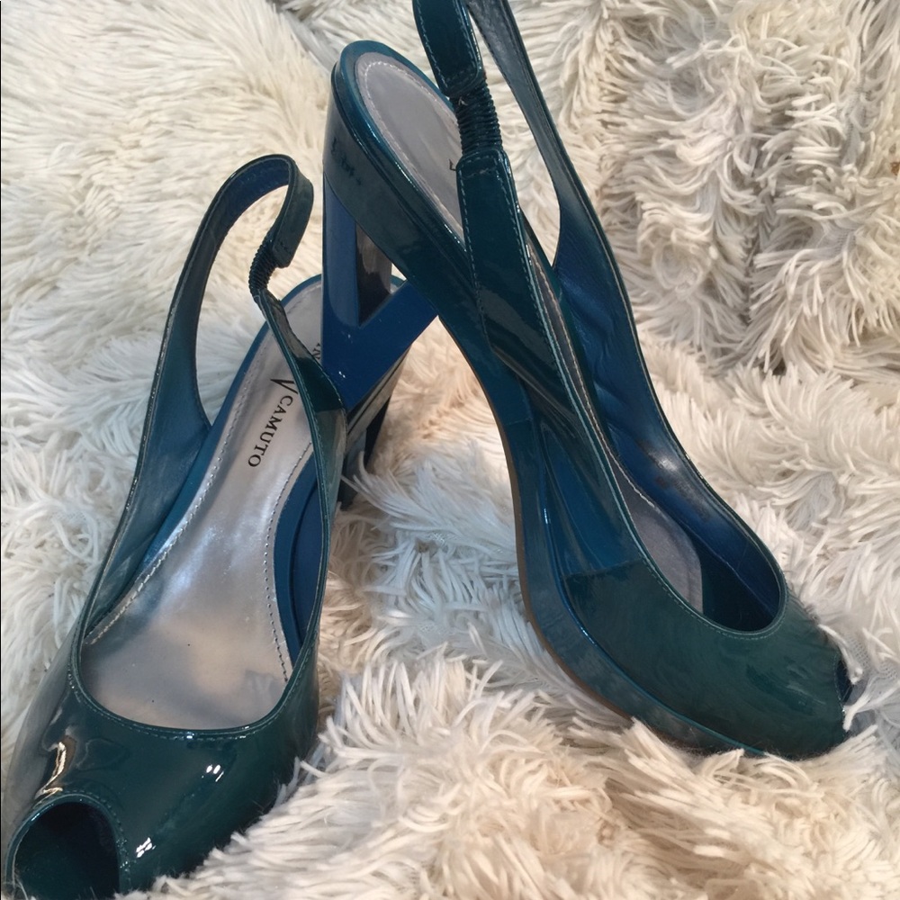 Vince Camuto teal color block platform wedges